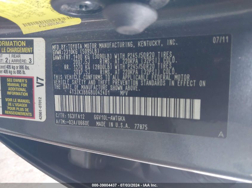 2011 Toyota Venza Base V6 VIN: 4T3ZK3BB6BU042401 Lot: 39804437