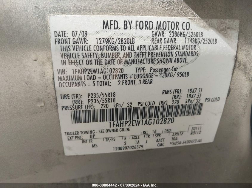 2010 Ford Taurus Sel VIN: 1FAHP2EW1AG102820 Lot: 39804442