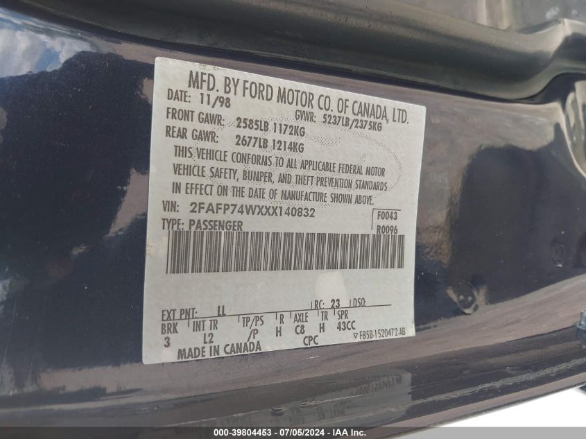 1999 Ford Crown Victoria Lx VIN: 2FAFP74WXXX140832 Lot: 39804453