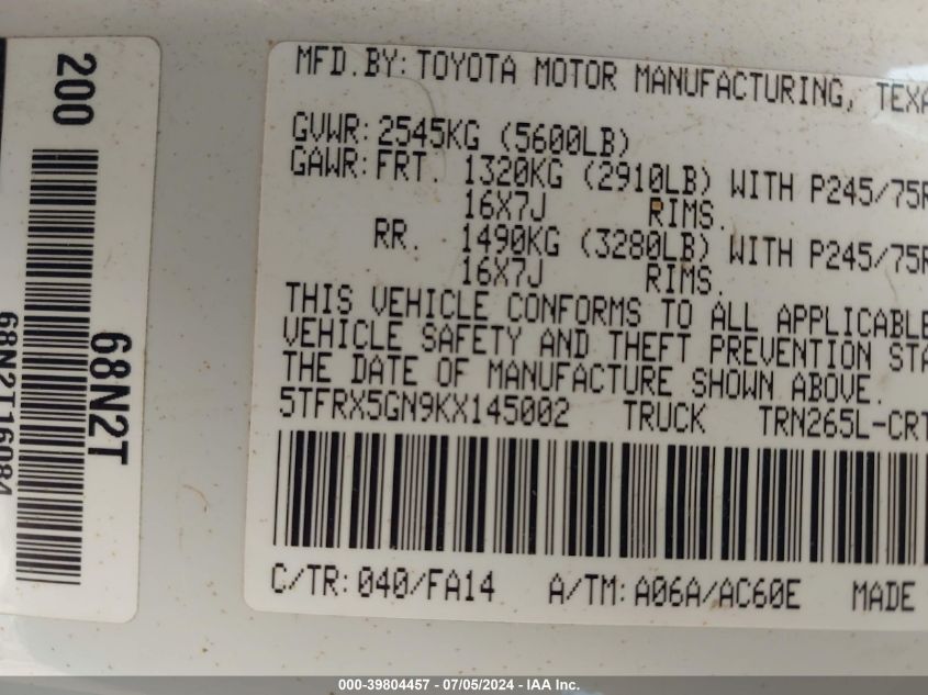 2019 Toyota Tacoma Sr VIN: 5TFRX5GN9KX145002 Lot: 39804457
