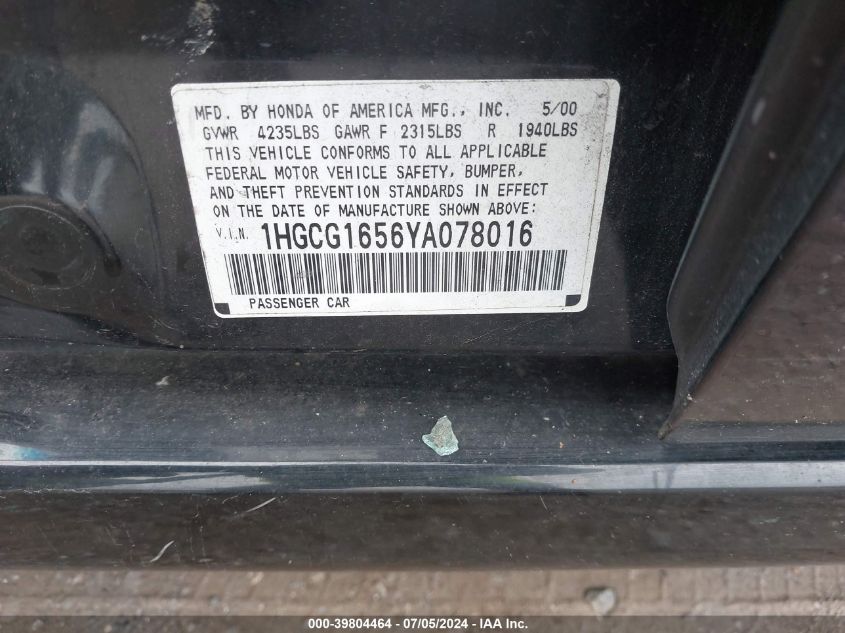 2000 Honda Accord 3.0 Ex VIN: 1HGCG1656YA078016 Lot: 39804464