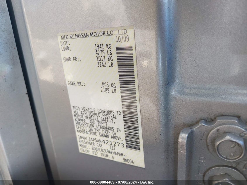 2010 Nissan Altima S VIN: 1N4AL2AP5AN421273 Lot: 39804469