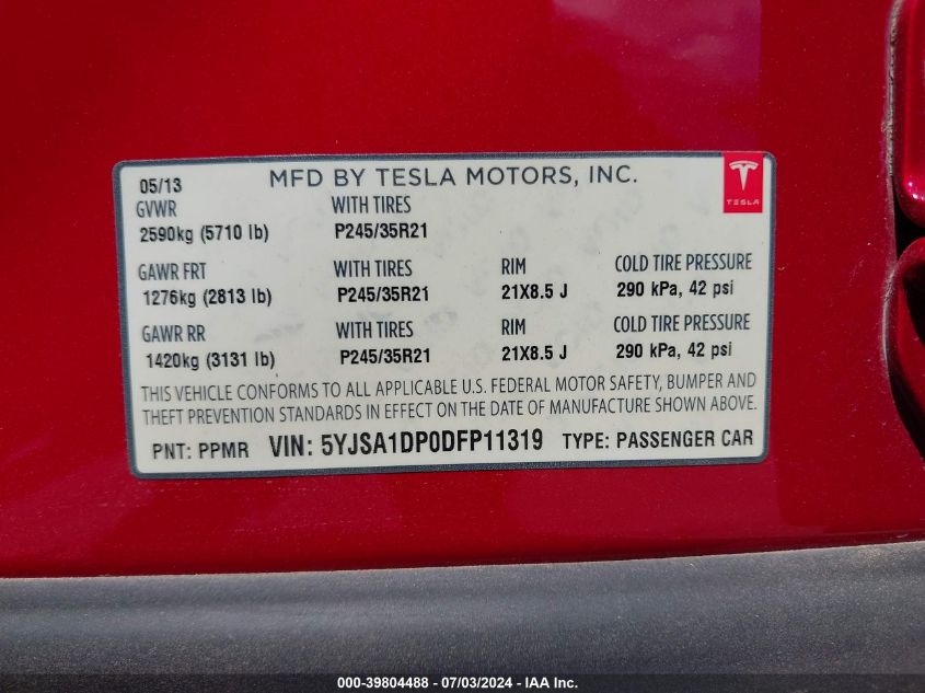 2013 Tesla Model S Performance VIN: 5YJSA1DP0DFP11319 Lot: 39804488