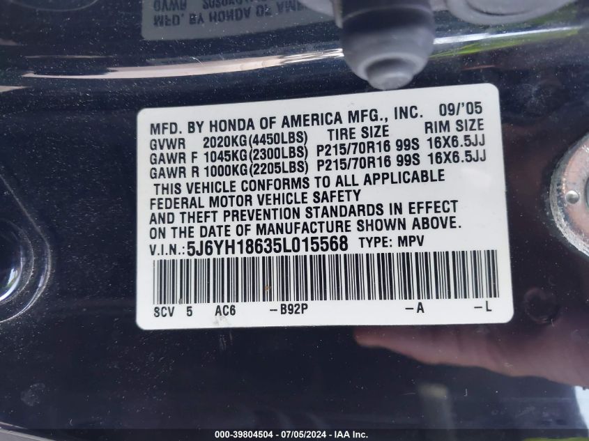 2005 Honda Element Ex VIN: 5J6YH18365L015568 Lot: 39804504