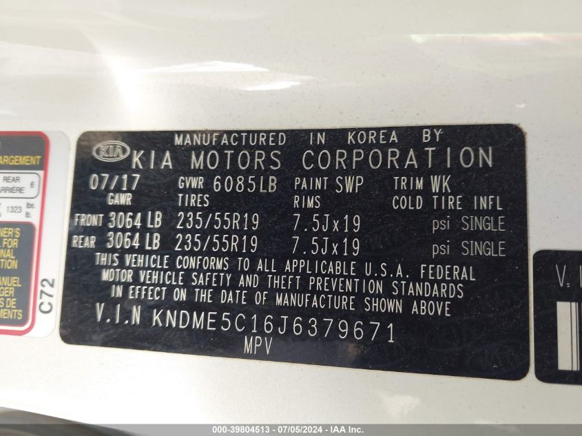 2018 Kia Sedona Sx Limited VIN: KNDME5C16J6379671 Lot: 39804513