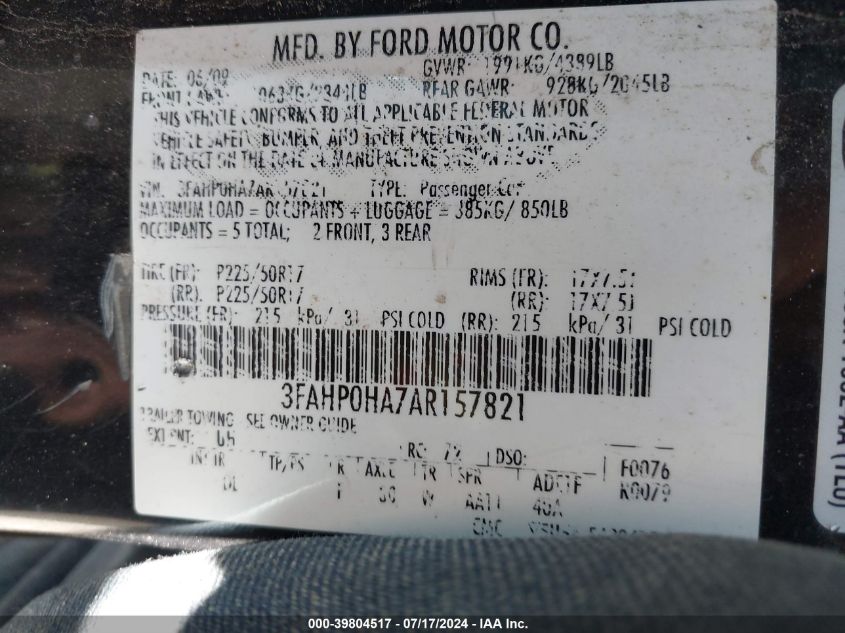 2010 Ford Fusion Se VIN: 3FAHP0HA7AR157821 Lot: 39804517