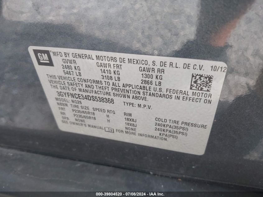 2013 Cadillac Srx Luxury Collection VIN: 3GYFNCE34DS538368 Lot: 39804520