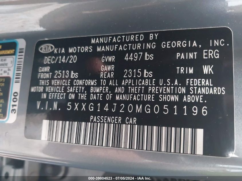 2021 KIA K5 LXS - 5XXG14J20MG051196