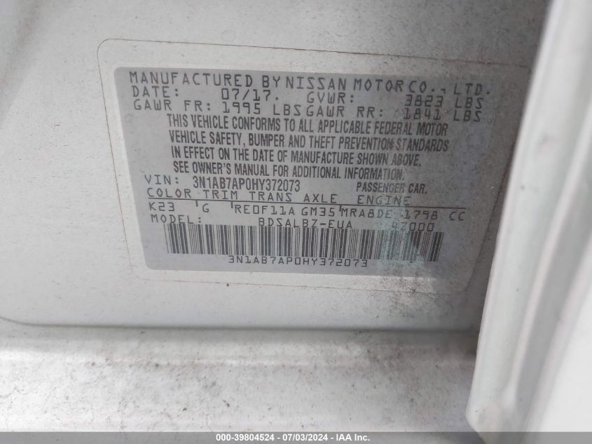 2017 Nissan Sentra S VIN: 3N1AB7AP0HY372073 Lot: 39804524