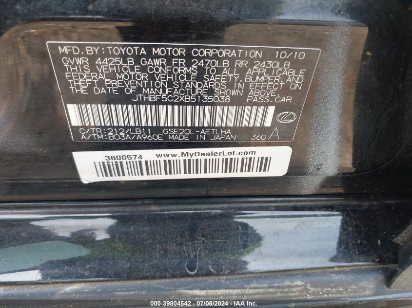 2011 Lexus Is 250 VIN: JTHBF5C2XB5135038 Lot: 39804542