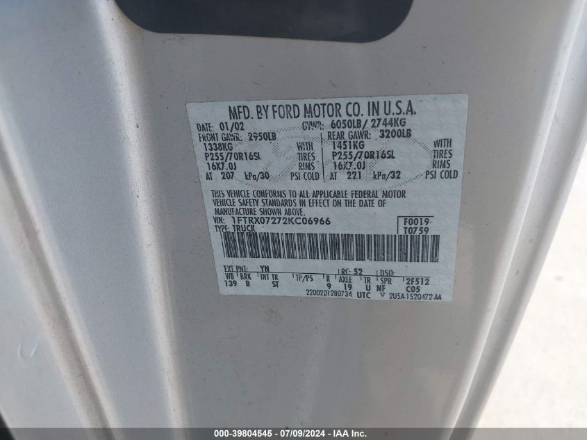 2002 Ford F-150 VIN: 1FTRX07272KC06966 Lot: 39804545