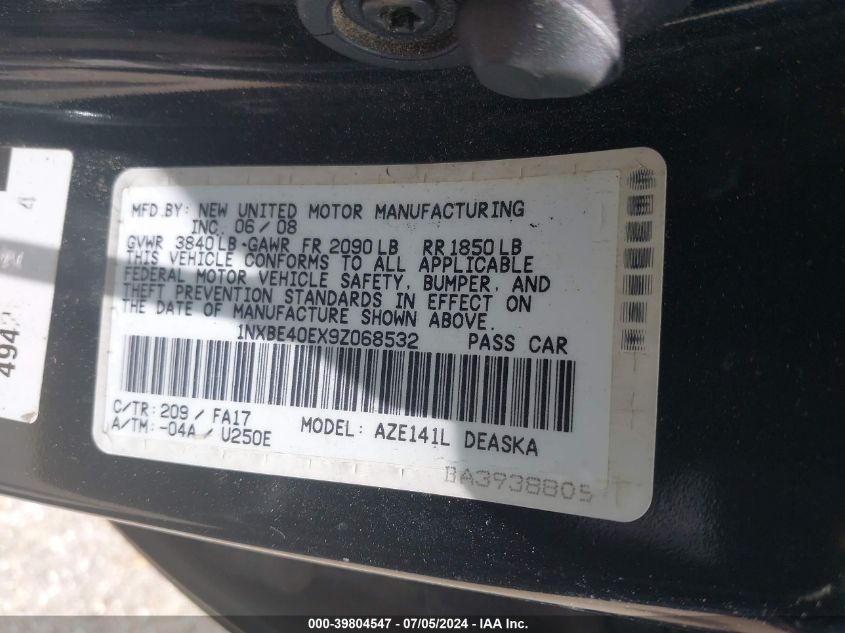 2009 Toyota Corolla Xrs VIN: 1NXBE40EX9Z068532 Lot: 39804547