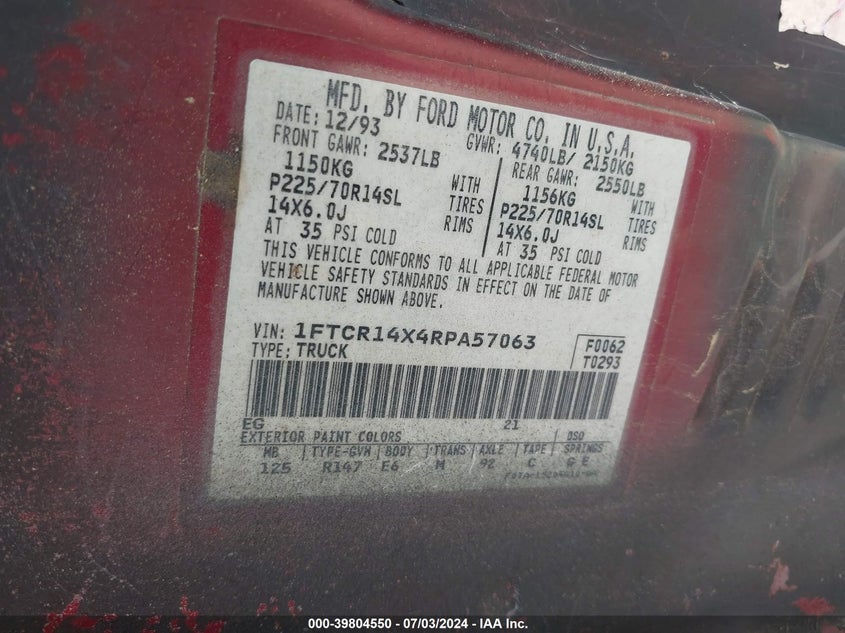 1994 Ford Ranger Super Cab VIN: 1FTCR14X4RPA57063 Lot: 39804550