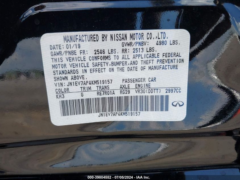 2019 Infiniti Q50 3.0T Luxe VIN: JN1EV7AP4KM519157 Lot: 39804552