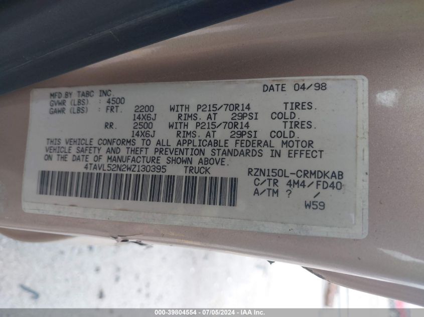 1998 Toyota Tacoma VIN: 4TAVL52N2WZ130395 Lot: 39804554