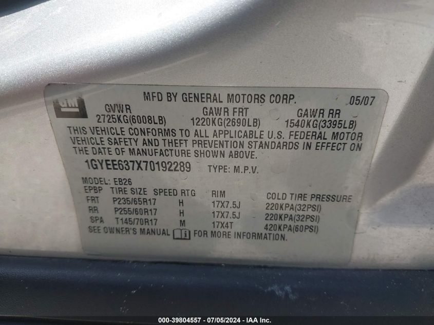 2007 Cadillac Srx VIN: 1GYEE637X70192289 Lot: 39804557