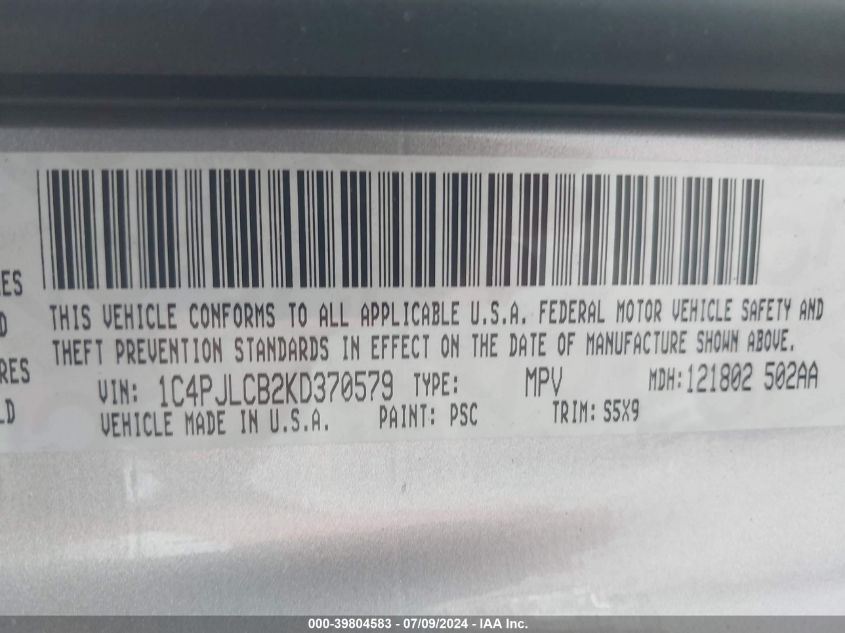 2019 Jeep Cherokee Latitude VIN: 1C4PJLCB2KD370579 Lot: 39804583