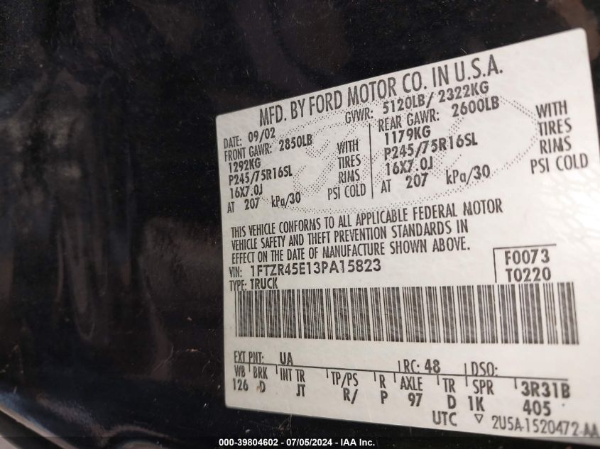 2003 Ford Ranger Edge/Xlt VIN: 1FTZR45E13PA15823 Lot: 39804602