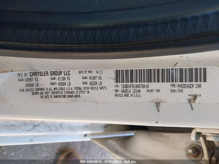 2011 Dodge Avenger Express VIN: 1B3BD4FB1BN578418 Lot: 39804610