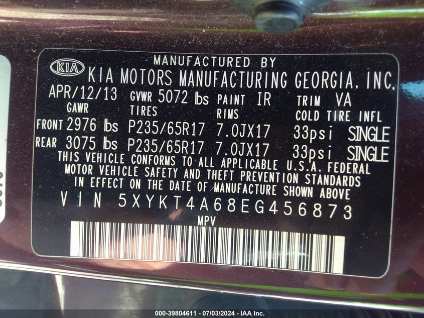 2014 Kia Sorento Lx VIN: 5XYKT4A68EG456873 Lot: 39804611