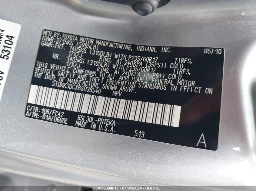 2011 Toyota Sienna Le V6 VIN: 5TDKK3DCXBS038540 Lot: 39804617