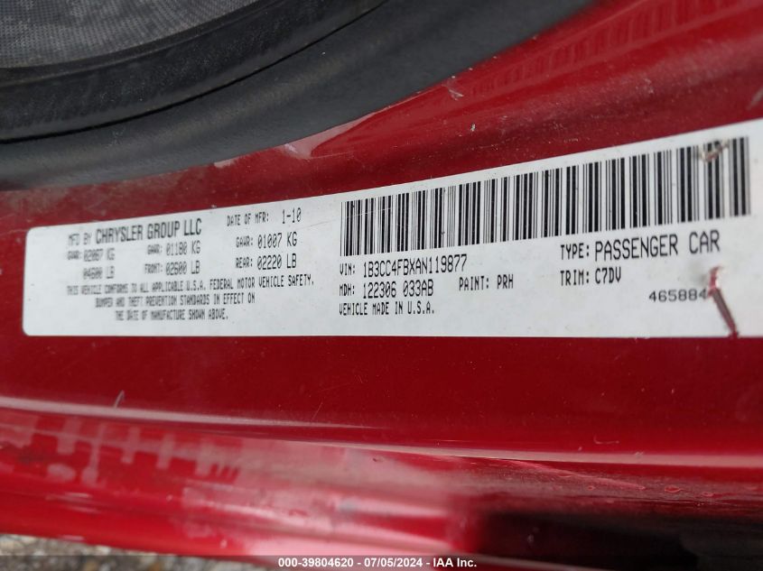 2010 Dodge Avenger Sxt VIN: 1B3CC4FBXAN119877 Lot: 39804620