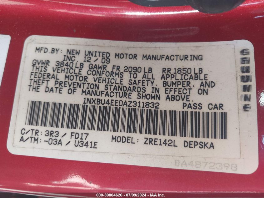 2010 Toyota Corolla S/Le/Xle VIN: 1NXBU4EE0AZ311832 Lot: 39804626