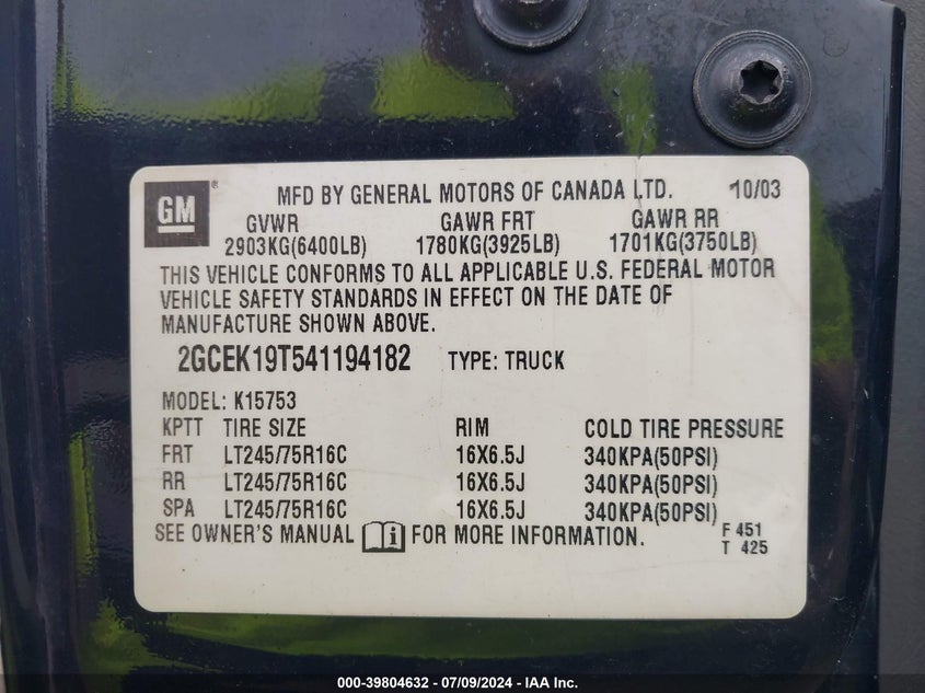 2004 Chevrolet Silverado K1500 VIN: 2GCEK19T541194182 Lot: 39804632