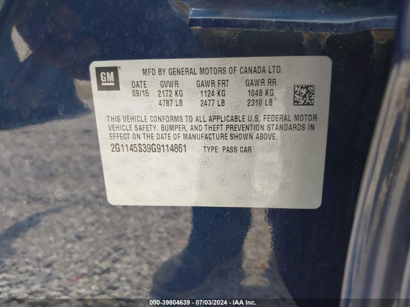 2016 Chevrolet Impala 2Lz VIN: 2G1145S39G9114861 Lot: 39804639