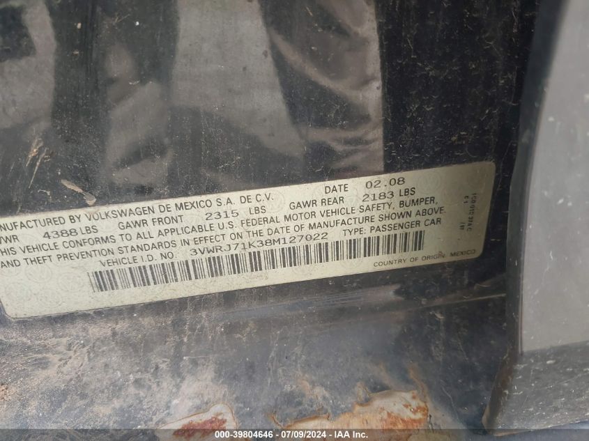 2008 Volkswagen Jetta Wolfsburg VIN: 3VWRJ71K38M127022 Lot: 39804646