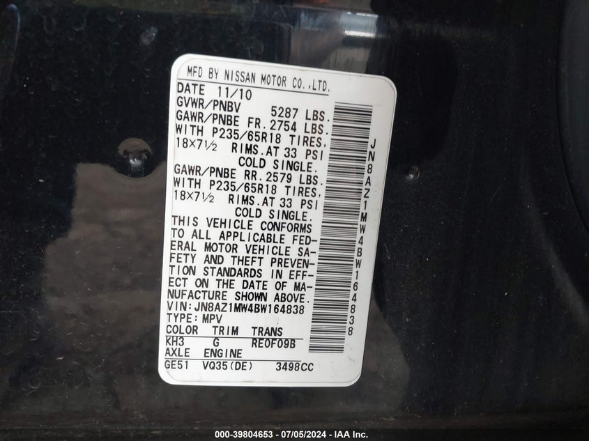 2011 Nissan Murano Sv VIN: JN8AZ1MW4BW164838 Lot: 39804653
