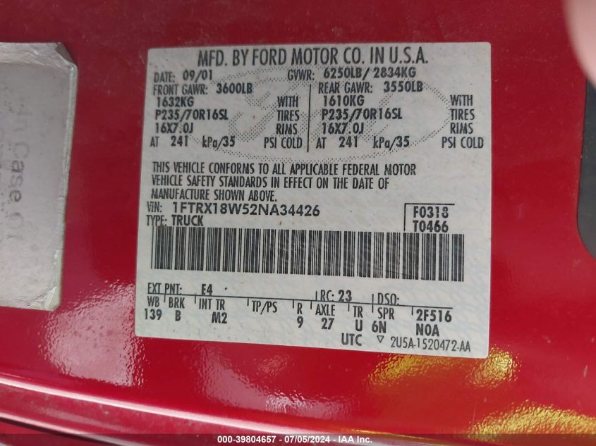 2002 Ford F-150 Lariat/Xl/Xlt VIN: 1FTRX18W52NA34426 Lot: 39804657