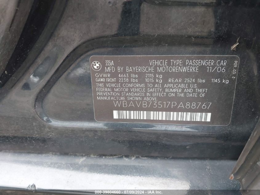 2007 BMW 3 Series 335I VIN: WBAVB73517PA88767 Lot: 39804660