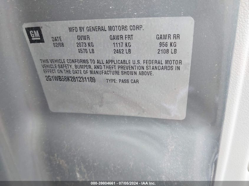 2008 Chevrolet Impala Ls VIN: 2G1WB58K281231109 Lot: 39804661