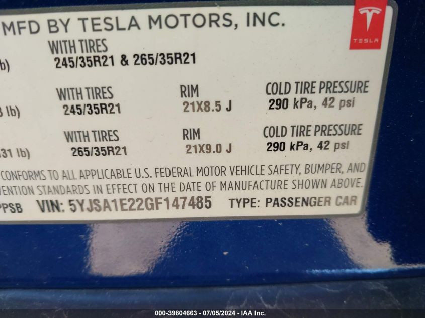 2016 Tesla Model S 60D/70D/75D/85D/90D VIN: 5YJSA1E22GF147485 Lot: 39804663