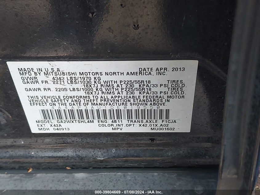 2013 Mitsubishi Outlander Sport Es VIN: 4A4AP3AU1DE019550 Lot: 39804669