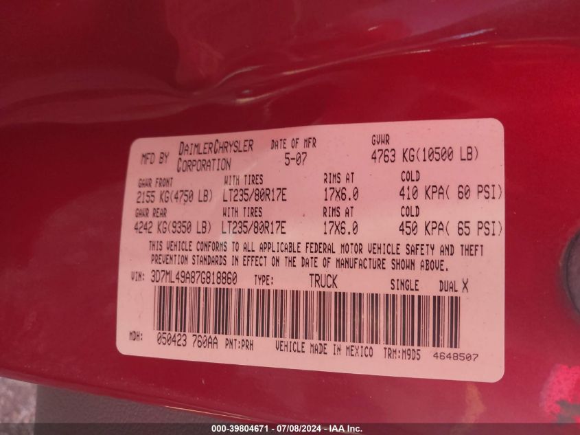 2007 Dodge Ram 3500 VIN: 3D7ML49A87G818860 Lot: 39804671