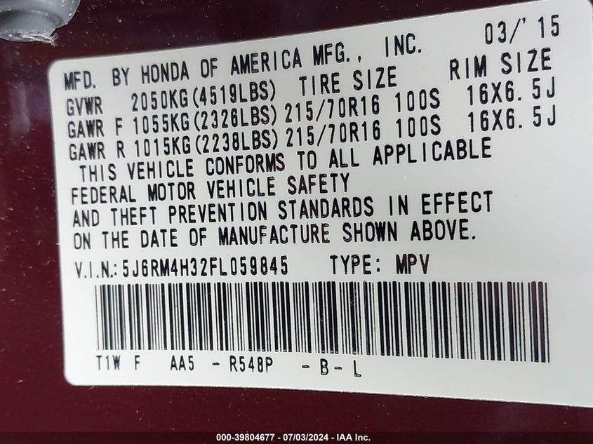 2015 Honda Cr-V Lx VIN: 5J6RM4H32FL059845 Lot: 39804677