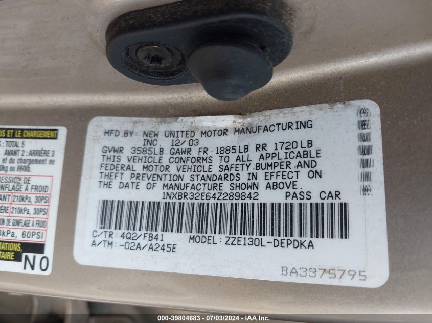 2004 Toyota Corolla Ce VIN: 1NXBR32E64Z289842 Lot: 39804683