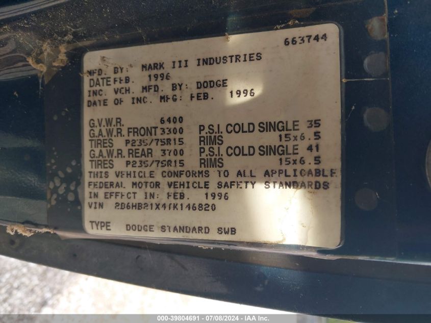 1996 Dodge Ram Van B2500 VIN: 2B6HB21X4TK146820 Lot: 39804691