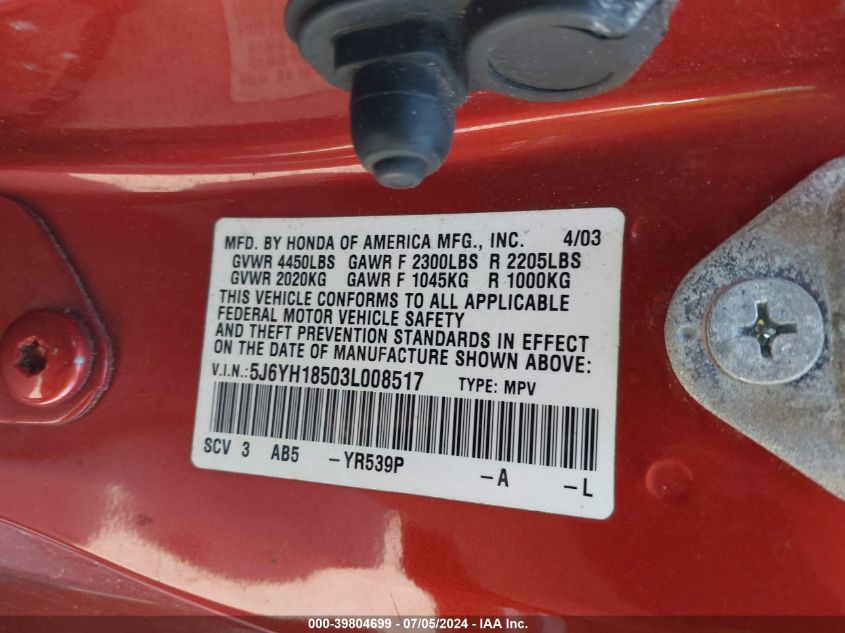 2003 Honda Element Ex VIN: 5J6YH18503L008517 Lot: 39804699