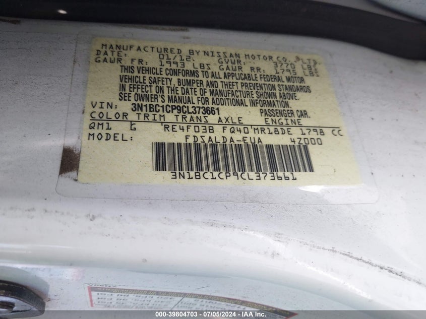 2012 Nissan Versa 1.8 S VIN: 3N1BC1CP9CL373661 Lot: 39804703