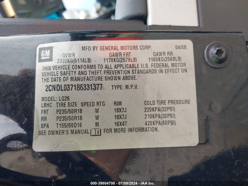 2008 Chevrolet Equinox Sport VIN: 2CNDL037186331377 Lot: 39804708