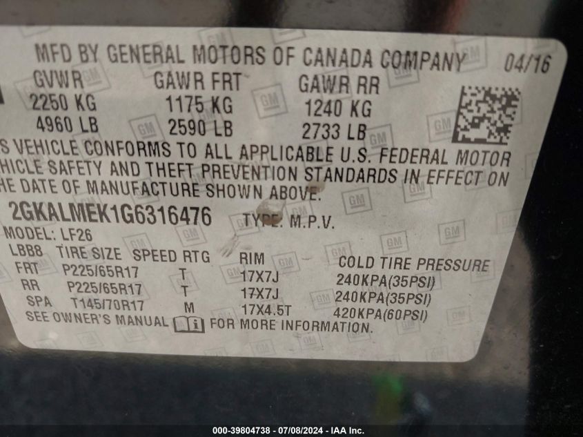 2016 GMC Terrain Sle-1 VIN: 2GKALMEK1G6316476 Lot: 39804738