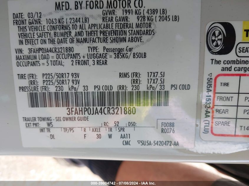 2012 Ford Fusion Sel VIN: 3FAHP0JA4CR321880 Lot: 39804742