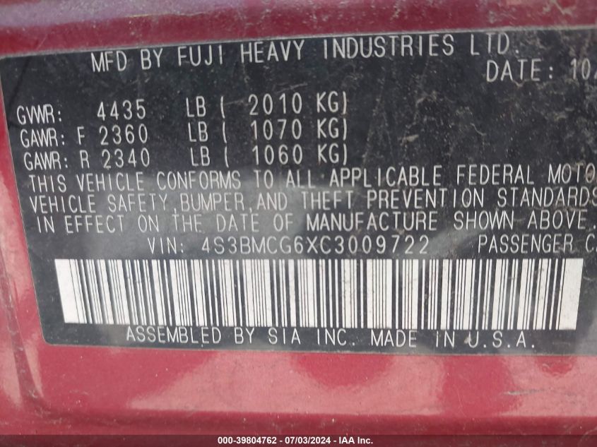2012 Subaru Legacy 2.5I Premium VIN: 4S3BMCG6XC3009722 Lot: 39804762