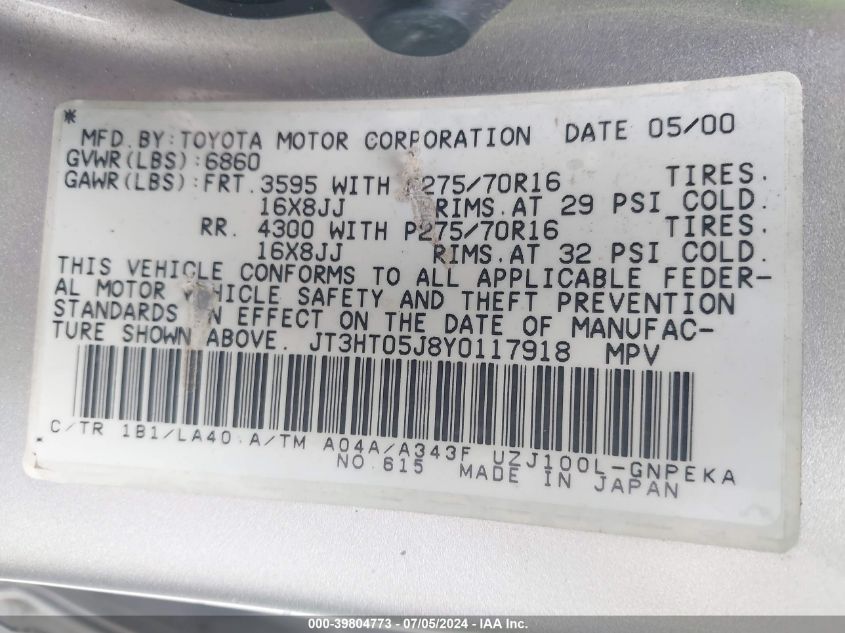 2000 Toyota Land Cruiser VIN: JT3HT05J8Y0117918 Lot: 39804773