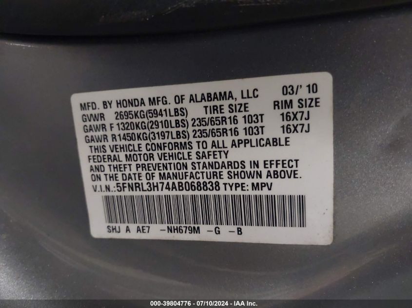 2010 Honda Odyssey Ex-L VIN: 5FNRL3H74AB068838 Lot: 39804776