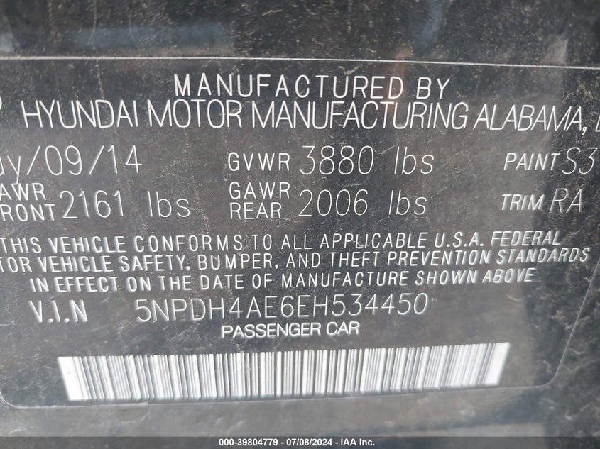 2014 Hyundai Elantra Se VIN: 5NPDH4AE6EH534450 Lot: 39804779