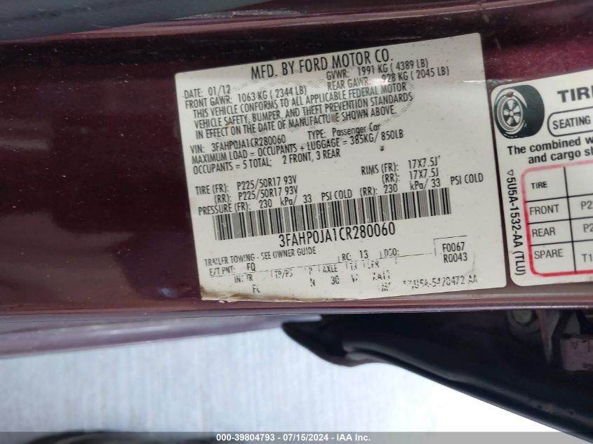 2012 Ford Fusion Sel VIN: 3FAHP0JA1CR280060 Lot: 39804793